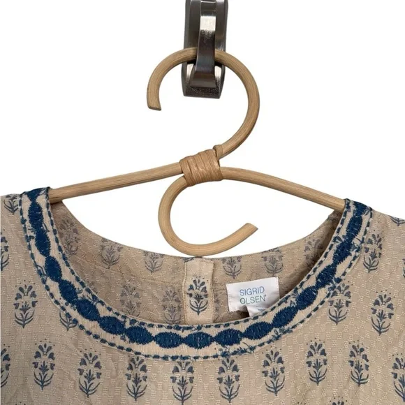 Sigrid Olson Beige Blue Country Print Doves & Floral Embroidery Trim Peplum Top - Picture 10 of 13